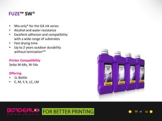 FUZE™ SW®
•
•
•
•
•

Mix only* for the GX ink series
Alcohol and water resistance
Excellent adhesion and compatibility
with a wide range of substrates
Fast drying time
Up to 2 years outdoor durability
without lamination**

Printer Compatibility
Seiko W-64s, W-54s
Offering
• 1L Bottle
• C, M, Y, K, LC, LM

25 of

52

 