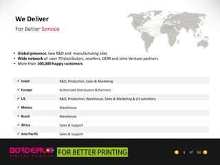 We Deliver
For Better Service

• Global presence, two R&D and manufacturing sites
• Wide network of over 70 distributors, resellers, OEM and Joint Venture partners
• More than 100,000 happy customers

 Israel

R&D, Production, Sales & Marketing

 Europe

Authorized Distributors & Partners

 US

R&D, Production, Warehouse, Sales & Marketing & US subsidiary

 Mexico

Warehouse

 Brazil

Warehouse

 Africa

Sales & Support

 Asia Pacific

Sales & Support

3

of

52

 