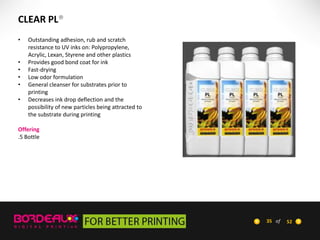 CLEAR PL®
•
•
•
•
•
•

Outstanding adhesion, rub and scratch
resistance to UV inks on: Polypropylene,
Acrylic, Lexan, Styrene and other plastics
Provides good bond coat for ink
Fast-drying
Low odor formulation
General cleanser for substrates prior to
printing
Decreases ink drop deflection and the
possibility of new particles being attracted to
the substrate during printing

Offering
.5 Bottle

35 of

52

 