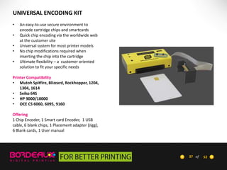 UNIVERSAL ENCODING KIT
•
•
•
•
•

An easy-to-use secure environment to
encode cartridge chips and smartcards
Quick chip encoding via the worldwide web
at the customer site
Universal system for most printer models
No chip modifications required when
inserting the chip into the cartridge
Ultimate flexibility – a customer oriented
solution to fit your specific needs

Printer Compatibility
• Mutoh Spitfire, Blizzard, Rockhopper, 1204,
1304, 1614
• Seiko 64S
• HP 9000/10000
• OCE CS 6060, 6095, 9160
Offering
1 Chip Encoder, 1 Smart card Encoder, 1 USB
cable, 6 blank chips, 1 Placement adapter (Jigg),
6 Blank cards, 1 User manual

37 of

52

 
