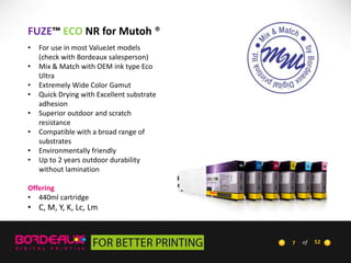 FUZE™ ECO NR for Mutoh ®
•
•
•
•

•
•
•
•

For use in most ValueJet models
(check with Bordeaux salesperson)
Mix & Match with OEM ink type Eco
Ultra
Extremely Wide Color Gamut
Quick Drying with Excellent substrate
adhesion
Superior outdoor and scratch
resistance
Compatible with a broad range of
substrates
Environmentally friendly
Up to 2 years outdoor durability
without lamination

Offering
• 440ml cartridge

• C, M, Y, K, Lc, Lm

7

of

52

 