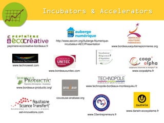 Incubators & Accelerators
pepiniere-ecocreative-bordeaux.fr
www.technowest.com
www.bordeauxaquitainepionnieres.org
http://...