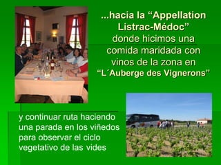 ...hacia la “Appellation
                         Listrac-Médoc”
                        donde hicimos una
                      comida maridada con
                       vinos de la zona en
                   “L´Auberge des Vignerons”




y continuar ruta haciendo
una parada en los viñedos
para observar el ciclo
vegetativo de las vides
 