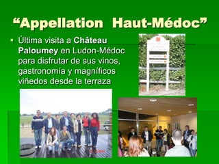 “Appellation Haut-Médoc”
 Última visita a Château
  Paloumey en Ludon-Médoc
  para disfrutar de sus vinos,
  gastronomía y magníficos
  viñedos desde la terraza
 