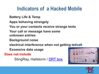 Indicators of a Hacked Mobile
Battery Life & Temp
Apps behaving strangely
You or your contacts receive strange texts
Your ...