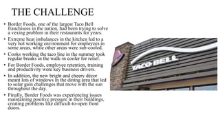 THE CHALLENGE
• Border Foods, one of the largest Taco Bell
franchisees in the nation, had been trying to solve
a vexing problem in their restaurants for years.
• Extreme heat imbalances in the kitchen led to a
very hot working environment for employees in
some areas, while other areas were sub-cooled.
• Cooks working the taco line in the summer took
regular breaks in the walk-in cooler for relief.
• For Border Foods, employee retention, training
and productivity were key business drivers.
• In addition, the new bright and cheery décor
meant lots of windows in the dining area that led
to solar gain challenges that move with the sun
throughout the day.
• Finally, Border Foods was experiencing issues
maintaining positive pressure in their buildings,
creating problems like difficult-to-open front
doors.
 