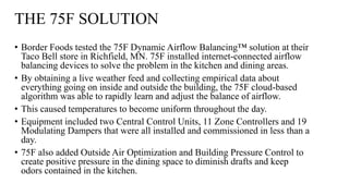 THE 75F SOLUTION
• Border Foods tested the 75F Dynamic Airflow Balancing™ solution at their
Taco Bell store in Richfield, MN. 75F installed internet-connected airflow
balancing devices to solve the problem in the kitchen and dining areas.
• By obtaining a live weather feed and collecting empirical data about
everything going on inside and outside the building, the 75F cloud-based
algorithm was able to rapidly learn and adjust the balance of airflow.
• This caused temperatures to become uniform throughout the day.
• Equipment included two Central Control Units, 11 Zone Controllers and 19
Modulating Dampers that were all installed and commissioned in less than a
day.
• 75F also added Outside Air Optimization and Building Pressure Control to
create positive pressure in the dining space to diminish drafts and keep
odors contained in the kitchen.
 