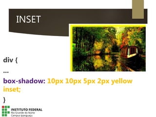 INSET
div {
...
box-shadow: 10px 10px 5px 2px yellow
inset;
}
 