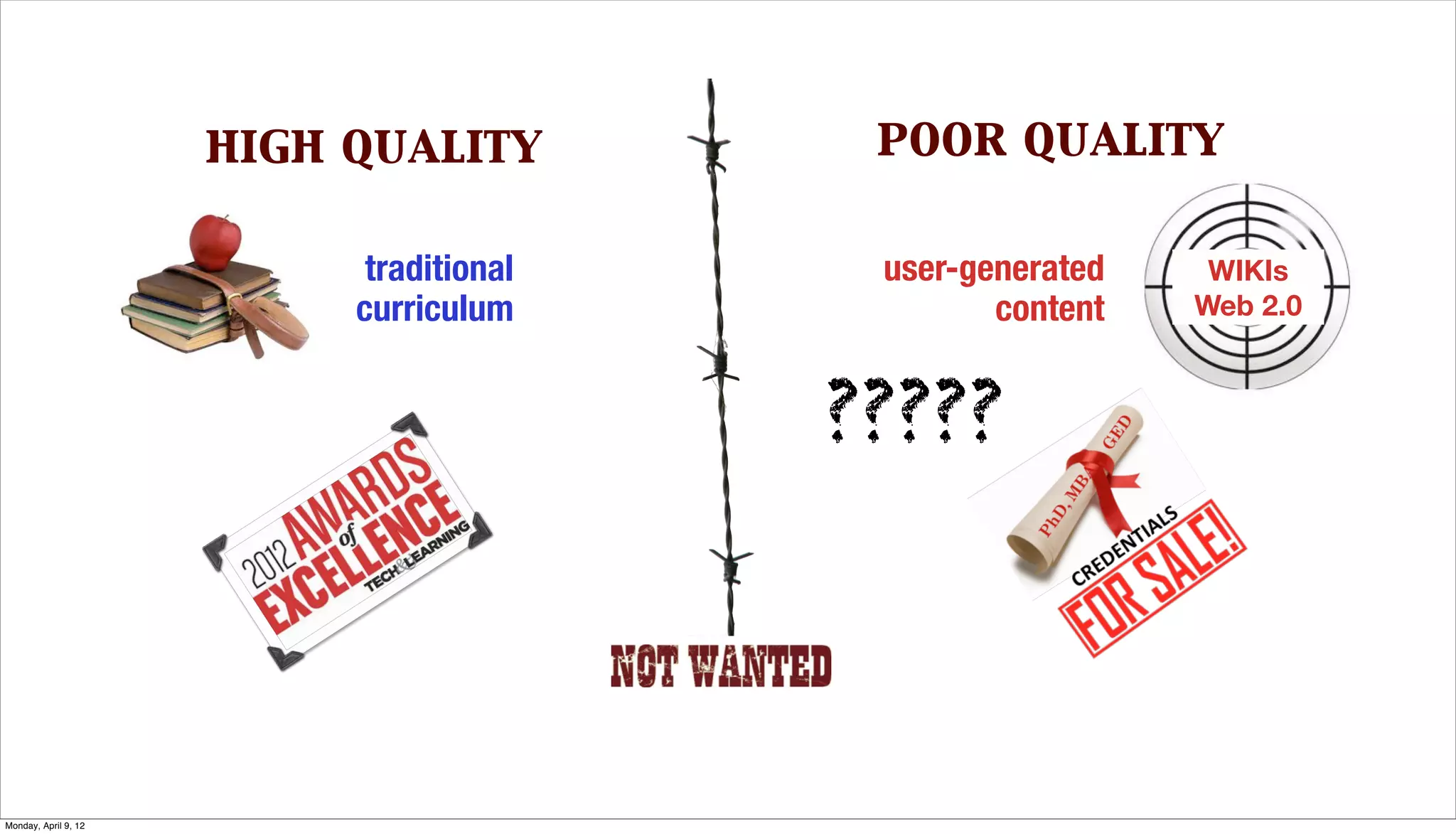high quality         poor quality

                            traditional    user-generated    WIKIs
                           curriculum             content   Web 2.0



                                          ?????




Monday, April 9, 12
 