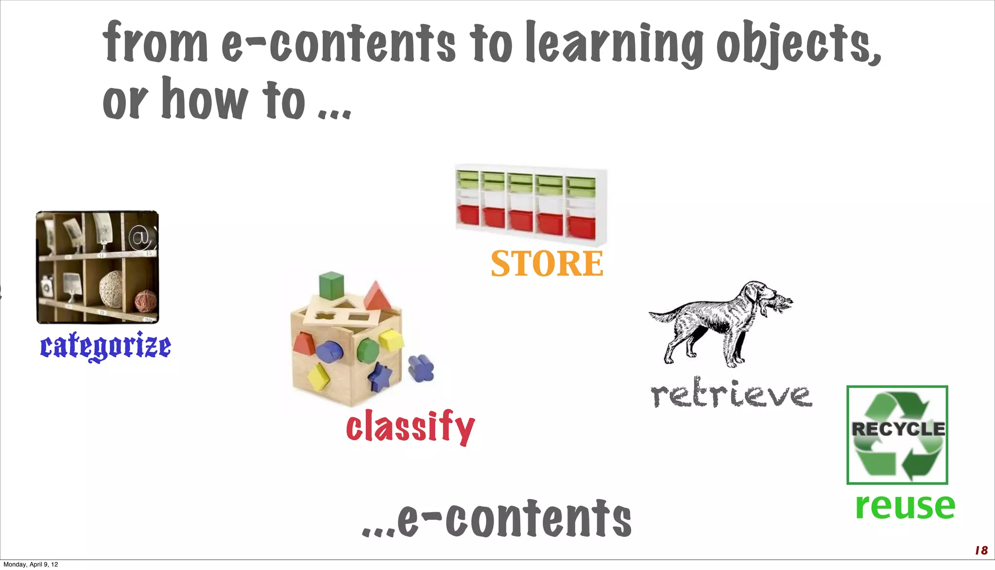 from e-contents to learning objects,
                          or how to ...


                                                store
e
                categorize
                                                        retrieve
                                     classify

                                     ...e-contents                 reuse
                                                                           18
    Monday, April 9, 12
 