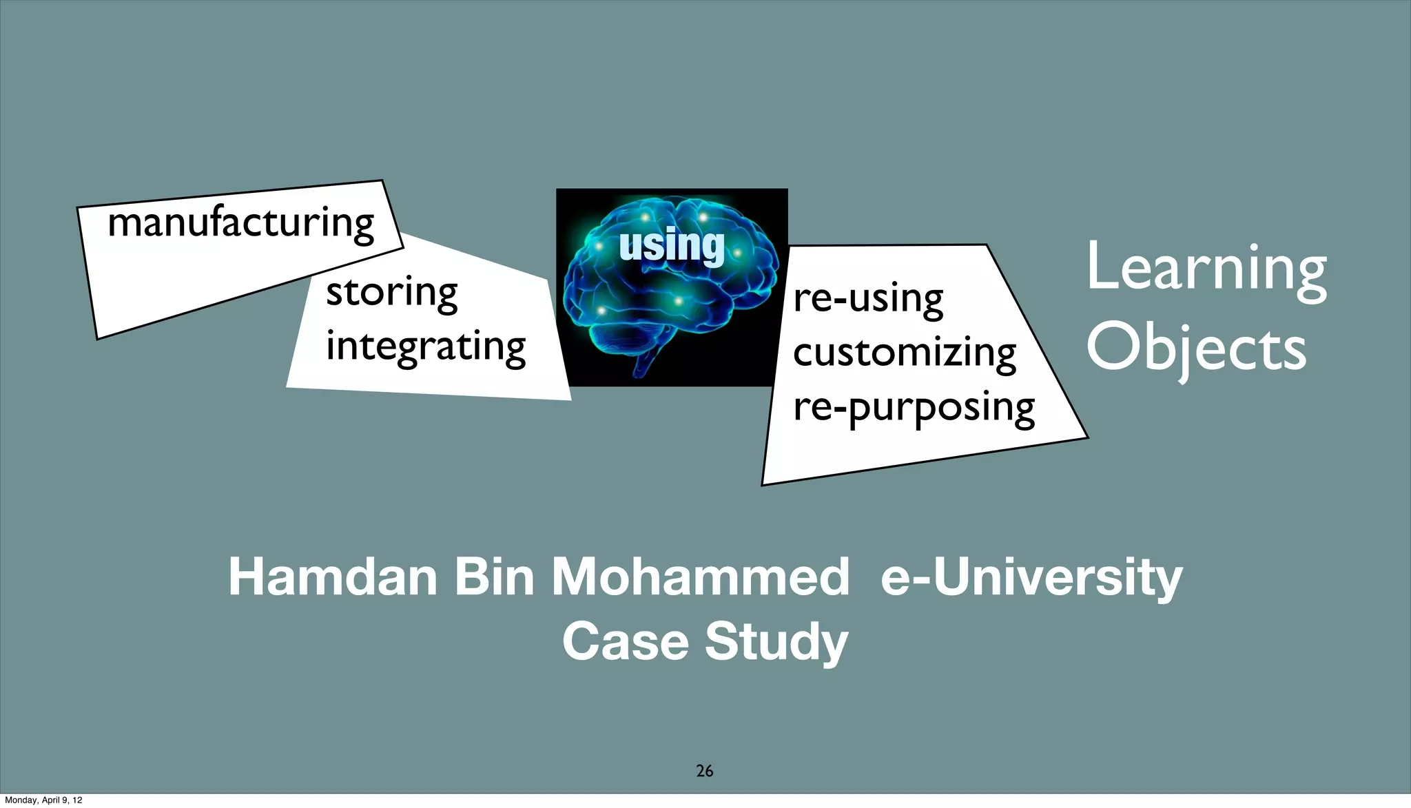 manufacturing
                                               using
                                 storing               re-using       Learning
                                 integrating           customizing    Objects
                                                       re-purposing


                            Hamdan Bin Mohammed e-University
                                       Case Study

                                                  26
Monday, April 9, 12
 