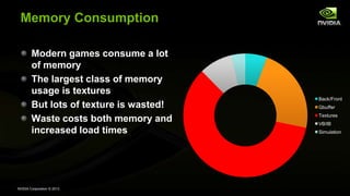 NVIDIA Corporation © 2013
Memory Consumption
Modern games consume a lot
of memory
The largest class of memory
usage is textures
But lots of texture is wasted!
Waste costs both memory and
increased load times
Back/Front
Gbuffer
Textures
VB/IB
Simulation
 