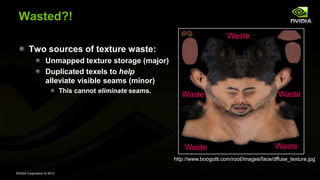 NVIDIA Corporation © 2013
Wasted?!
Two sources of texture waste:
Unmapped texture storage (major)
Duplicated texels to help
alleviate visible seams (minor)
This cannot eliminate seams.
http://www.boogotti.com/root/images/face/dffuse_texture.jpg
Waste Waste
Waste
Waste
Waste
 