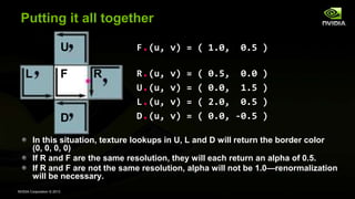 NVIDIA Corporation © 2013
Putting it all together
F
U
D
RL
F.(u, v) = ( 1.0, 0.5 )
R.(u, v) = ( 0.5, 0.0 )
U.(u, v) = ( 0.0, 1.5 )
L.(u, v) = ( 2.0, 0.5 )
D.(u, v) = ( 0.0, -0.5 )
In this situation, texture lookups in U, L and D will return the border color
(0, 0, 0, 0)
If R and F are the same resolution, they will each return an alpha of 0.5.
If R and F are not the same resolution, alpha will not be 1.0—renormalization
will be necessary.
 