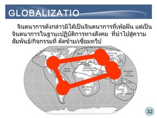 32
GLOBALIZATIO
N จินตนาการดังกล่าวมิได้เป็นจินตนาการที่เพ้อฝัน แต่เป็น
จินตนาการในฐานะปฏิบัติการทางสังคม ที่นำาไปสู่ความ
สัมพันธ์/กิจกรรมที่ ตัดข้าม/เชื่อมทวีป
 