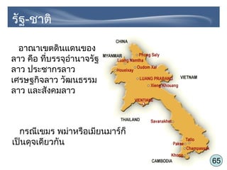 65
รัฐ-ชาติ
อาณาเขตดินแดนของ
ลาว คือ ที่บรรจุอำานาจรัฐ
ลาว ประชากรลาว
เศรษฐกิจลาว วัฒนธรรม
ลาว และสังคมลาว
กรณีเขมร พม่าหรือเมียนมาร์ก็
เป็นดุจเดียวกัน
 