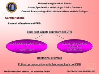 Università degli studi di Padova
Laurea Specialistica in Psicologia Clinico Dinamica
Corso di Psicopatologia Psicodinamica Generale dello Sviluppo
Daniela Garofalo, Jessica Lai, Valentina Fanelli PSICOPATOLOGIA BORDERLINE
Studi sugli aspetti depressivi nel DPB
Comorbidità tra DPB in Asse II
e
DU in Asse I
Qualità specifiche della
depressione
nei borderline
Caratteristiche
Linee di riflessione sul DPB
Follow up prognostico sulla fenomenologia del DPB
Borderline e terapia
 