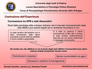 Università degli studi di Padova
Laurea Specialistica in Psicologia Clinico Dinamica
Corso di Psicopatologia Psicodinamica Generale dello Sviluppo
Daniela Garofalo, Jessica Lai, Valentina Fanelli PSICOPATOLOGIA BORDERLINE
Studi della psicologia dello sviluppo indicano che il mancato riconoscimento degli
stati affettivi può essere legato ad un ambiente traumatico in cui:
Lo stato emotivo del bambino non è
stato riconosciuto dalla figura
accudente e quindi neanche restituito
in forma vivibile e sopportabile
Vi è stata un assenza o cattivo
funzionamento di filtro atto a rendere
lo stato emotivo sufficientemente
attenuato per poi essere trasformato
in messaggio comunicabile
Connessione tra DPB e stati dissociativi
Costruzione dell’Esperienza
Ne risulta una vita affettiva in cui al posto degli stati affettivi riconoscibili sono attive
intense ondate emozionali vissute come:
Sensazioni caotiche di travolgimento
Spinte incontrollabili ad agirePerturbazioni corporee
 