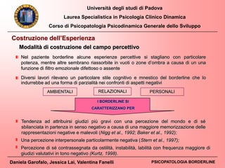 Università degli studi di Padova
Laurea Specialistica in Psicologia Clinico Dinamica
Corso di Psicopatologia Psicodinamica Generale dello Sviluppo
Daniela Garofalo, Jessica Lai, Valentina Fanelli PSICOPATOLOGIA BORDERLINE
AMBIENTALI RELAZIONALI PERSONALI
I BORDERLINE SI
CARATTERIZZANO PER
Modalità di costruzione del campo percettivo
Costruzione dell’Esperienza
Nel paziente borderline alcune esperienze percettive si stagliano con particolare
potenza, mentre altre sembrano riassorbite in vuoti o zone d’ombra a causa di un una
funzione di filtro emozionale difettoso o assente
Diversi lavori rilevano un particolare stile cognitivo e mnestico del borderline che lo
indurrebbe ad una forma di parzialità nei confronti di aspetti negativi
Tendenza ad attribuirsi giudizi più gravi con una percezione del mondo e di sé
sbilanciata in partenza in senso negativo a causa di una maggiore memorizzazione delle
rappresentazioni negative e malevoli (Nigg et al., 1992; Baker et al., 1992);
Una percezione interpersonale particolarmente negativa (Stern et al., 1997);
Percezione di sé contrassegnata da ostilità, instabilità, labilità con frequenza maggiore di
giudizi valutativi in tono negativo (Kurtz, 1998).
 