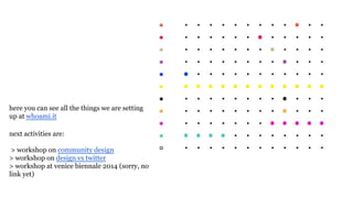 here you can see all the things we are setting
up at whoami.it
next activities are:
> workshop on community design
> workshop on design vs twitter
> workshop at venice biennale 2014 (sorry, no
link yet)
 