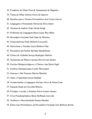 38. Complexo de Édipo Nora B. Susmanscky de Miguelez
39. Trama do Olhar Edilene Freire de Queiroz
40. Desafios para a Técnica Psicanalítica José Carlos Garcia
41. Linguagens e Pensamento Nelson da Silva Junior
42. Término de Análise Yeda Alcide Saigh
43. Problemas de Linguagem Maria Laura Wey Märtz
44. Desamparo Lucianne Sant’Anna de Menezes
45. Transexualismo Paulo Roberto Ceccarelli
46. Narcisismo e Vínculos Lucía Barbero Fuks
47. Psicanálise da Família Belinda Mandelbaum
48. Clínica do Trabalho Soraya Rodrigues Martins
49. Transtornos de Pânico Luciana Oliveira dos Santos
50. Escritos Metapsicológicos e Clínicos Ana Maria Sigal
51. Famílias Monoparentais Lisette Weissmann
52. Neurose e Não Neurose Marion Minerbo
53. Amor e Fidelidade Gisela Haddad
54. Acontecimento e Linguagem Alcimar Alves de Souza Lima
55. Imitação Paulo de Carvalho Ribeiro
56. O tempo, a escuta, o feminino Silvia Leonor Alonso
57. Crise Pseudoepiléptica Berta Hoffmann Azevedo
58. Violência e Masculinidade Susana Muszkat
59. Entrevistas Preliminares em Psicanálise Fernando José Barbosa Rocha
5
 