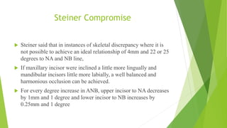 Steiner Compromise
 Steiner said that in instances of skeletal discrepancy where it is
not possible to achieve an ideal relationship of 4mm and 22 or 25
degrees to NA and NB line,
 If maxillary incisor were inclined a little more lingually and
mandibular incisors little more labially, a well balanced and
harmonious occlusion can be achieved.
 For every degree increase in ANB, upper incisor to NA decreases
by 1mm and 1 degree and lower incisor to NB increases by
0.25mm and 1 degree
 