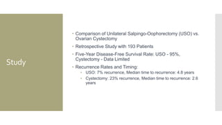 Study
• Comparison of Unilateral Salpingo-Oophorectomy (USO) vs.
Ovarian Cystectomy
• Retrospective Study with 193 Patients
• Five-Year Disease-Free Survival Rate: USO - 95%,
Cystectomy - Data Limited
• Recurrence Rates and Timing:
• USO: 7% recurrence, Median time to recurrence: 4.8 years
• Cystectomy: 23% recurrence, Median time to recurrence: 2.6
years
 