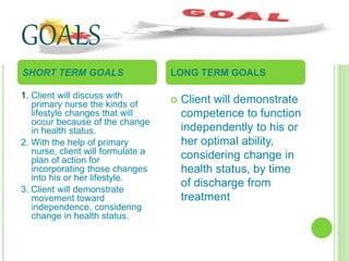 GOALS
SHORT TERM GOALS
1. Client will discuss with
primary nurse the kinds of
lifestyle changes that will
occur because of the change
in health status.
2. With the help of primary
nurse, client will formulate a
plan of action for
incorporating those changes
into his or her lifestyle.
3. Client will demonstrate
movement toward
independence, considering
change in health status.
LONG TERM GOALS
 Client will demonstrate
competence to function
independently to his or
her optimal ability,
considering change in
health status, by time
of discharge from
treatment
 