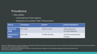 Prevalence
                    •   Data validity:
                          •   Underreporting  false negatives
                          •   Adolescents not included in DSM  false positives

             Source                    Prevalence                                 Gender                                      Clinical Populations

             Grant et al               0.5-5.9%                                   5.9% m 6.2% f                               10% outpatients
             2008.                                                                                                            15-25% inpatients
             Johnson et al             0.4-1.8%                                   75-90% females                              10-25% among clinical
             2003                                                                                                             samples



Grant et al. (2008) Prevalence, correlates, disability, and comorbidity of DSM-IV borderline personality disorder: results from the Wave 2 National Epidemiologic Survey on Alcohol and Related
Conditions. Journal of Clinical Psychiatry. 69 (4):533-45
Johnson DM. Et al. (2003). Gender Differences in Borderline Personality Disorder: Findings From the Collaborative Longitudinal Personality Disorders Study
Comprehensive Psychiatry. 44(4):284-292
 