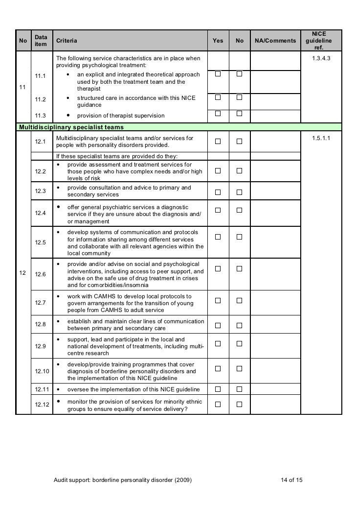 Borderline personality disorder (bpd) audit support