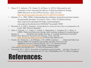 References:
• Panos, P. T., Jackson, J. W., Hasan, O., & Panos, A. (2014). Meta-analysis and
systematic review assessing the efficacy of dialectical behavior therapy
(DBT).Research on Social Work Practice, 24(2), 213-223.
http://dx.doi.org.ezproxy.fiu.edu/10.1177/1049731513503047
• Salsman, N. L., PhD. (2006). Understanding the usefulness of psychosocial interventions
for personality disorders. Psychiatric Times, 23(8), 20. Retrieved from
http://ezproxy.fiu.edu/login?url=https://search-proquest-
com.ezproxy.fiu.edu/docview/204562667?accountid=10901
• Sliverstri, L.A. (2011). Saunders: Comprehensive review for the nclex-rn examination. St.
Louis, MO: Elsevier Saunders.
• Soler, J., Pascual, J. C., Tiana, T., Cebrià, A., Barrachina, J., Campins, M. J., Pérez, V.
(2009). Dialectical behaviour therapy skills training compared to standard group
therapy in borderline personality disorder: A 3-month randomised controlled
clinical trial. Behaviour Research and Therapy, 47(5), 353-358.
http://dx.doi.org.ezproxy.fiu.edu/10.1016/j.brat.2009.01.013
• Swales, M., Heard, H. L., & Williams, J. M. (2000). Linehan's dialectical behaviour
therapy (DBT) for borderline personality disorder: Overview and
adaptation.Journal of Mental Health, 9(1), 7-23. Retrieved from
http://ezproxy.fiu.edu/login?url=https://search-proquest-
.com.ezproxy.fiu.edu/docview/ 215281658?accountid=10901
• Townsend, M. C. (2011). Essentials of psychiatric mental health nursing: Concepts of
care in evidence-based practice (5th ed.). Philadelphia, PA: F.A. Davis Company.
 