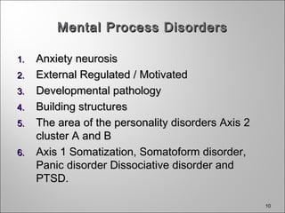 10
Mental Process DisordersMental Process Disorders
1.1. Anxiety neurosisAnxiety neurosis
2.2. External Regulated / MotivatedExternal Regulated / Motivated
3.3. Developmental pathologyDevelopmental pathology
4.4. Building structuresBuilding structures
5.5. The area of the personality disorders Axis 2The area of the personality disorders Axis 2
cluster A and Bcluster A and B
6.6. Axis 1 Somatization, Somatoform disorder,Axis 1 Somatization, Somatoform disorder,
Panic disorder Dissociative disorder andPanic disorder Dissociative disorder and
PTSD.PTSD.
 