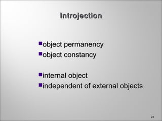 23
IntrojectionIntrojection
object permanencyobject permanency
object constancyobject constancy
internal objectinternal object
independent of external objectsindependent of external objects
 