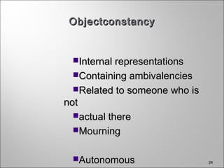 24
ObjectconstancyObjectconstancy
Internal representationsInternal representations
Containing ambivalenciesContaining ambivalencies
Related to someone who isRelated to someone who is
notnot
actual thereactual there
MourningMourning
AutonomousAutonomous
 