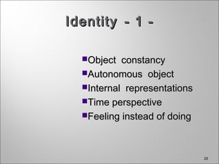 25
IdentityIdentity - 1 -- 1 -
Object constancyObject constancy
Autonomous objectAutonomous object
Internal representationsInternal representations
Time perspectiveTime perspective
Feeling instead of doingFeeling instead of doing
 