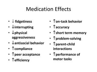 Medication Effects    fidgetiness  interrupting  physical aggressiveness  antisocial behavior  compliance  peer acceptance  efficiency  on-task behavior  accuracy  short term memory  problem-solving  parent-child interactions  performance of motor tasks 
