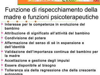Funzione di rispecchiamento della
madre e funzioni psicoterapeutiche












Interesse per le competenze in evoluzione del
bambino
Attribuzione di significato all’attività del bambino
Condivisione del potere
Affermazione del senso di sé in espansione e
dell’identità
Validazione dell’importanza continua del bambino per
la madre
Accettazione e gestione degli impulsi
Essere disponibile al bisogno
Tolleranza sia della regressione che della crescente

 