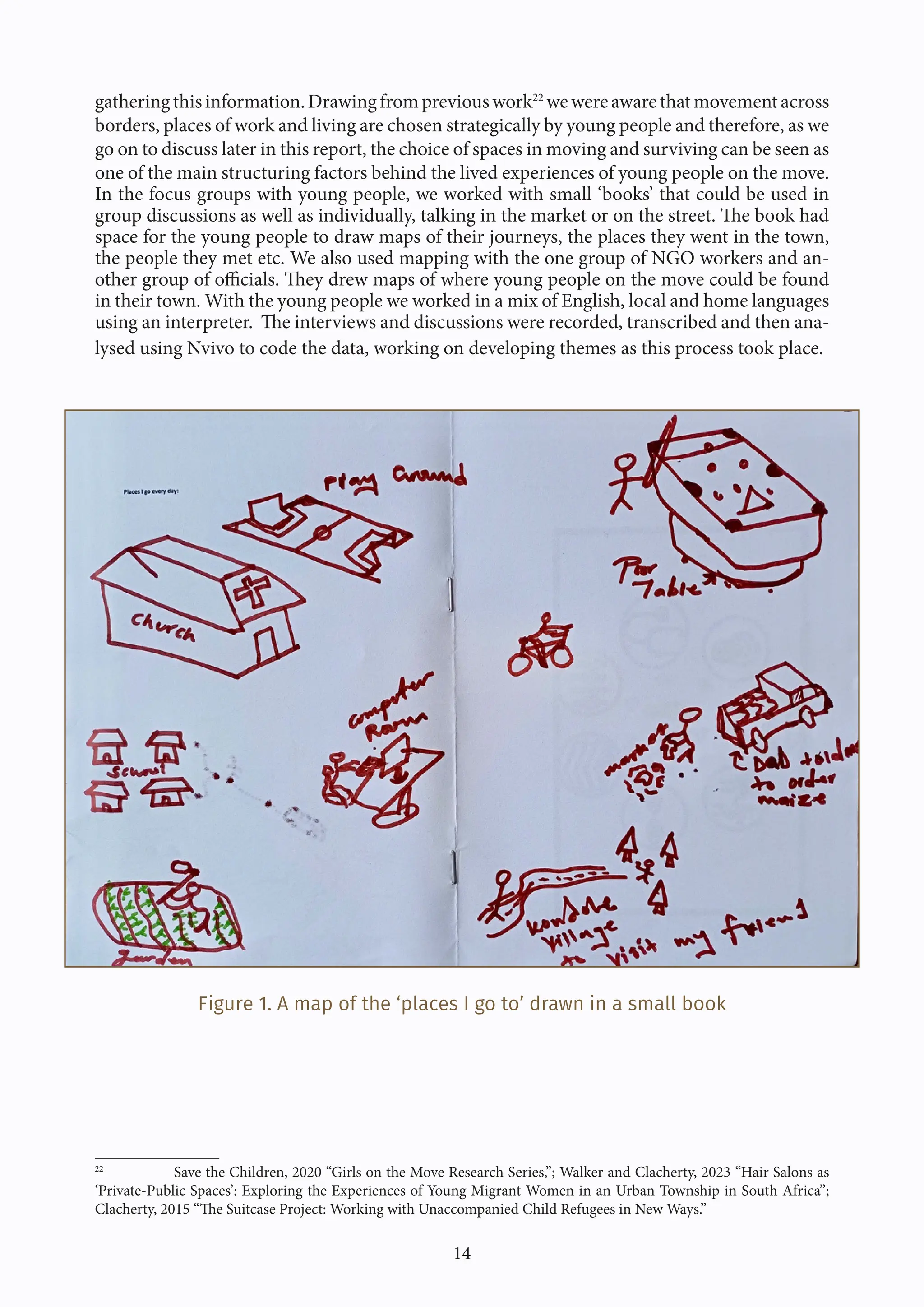 14
gatheringthisinformation.Drawingfrompreviouswork22
wewereawarethatmovementacross
borders, places of work and living are chosen strategically by young people and therefore, as we
go on to discuss later in this report, the choice of spaces in moving and surviving can be seen as
one of the main structuring factors behind the lived experiences of young people on the move.
In the focus groups with young people, we worked with small ‘books’ that could be used in
group discussions as well as individually, talking in the market or on the street. The book had
space for the young people to draw maps of their journeys, the places they went in the town,
the people they met etc. We also used mapping with the one group of NGO workers and an-
other group of officials. They drew maps of where young people on the move could be found
in their town. With the young people we worked in a mix of English, local and home languages
using an interpreter. The interviews and discussions were recorded, transcribed and then ana-
lysed using Nvivo to code the data, working on developing themes as this process took place.
Figure 1. A map of the ‘places I go to’ drawn in a small book
22
Save the Children, 2020 “Girls on the Move Research Series,”; Walker and Clacherty, 2023 “Hair Salons as
‘Private-Public Spaces’: Exploring the Experiences of Young Migrant Women in an Urban Township in South Africa”;
Clacherty, 2015 “The Suitcase Project: Working with Unaccompanied Child Refugees in New Ways.”
 