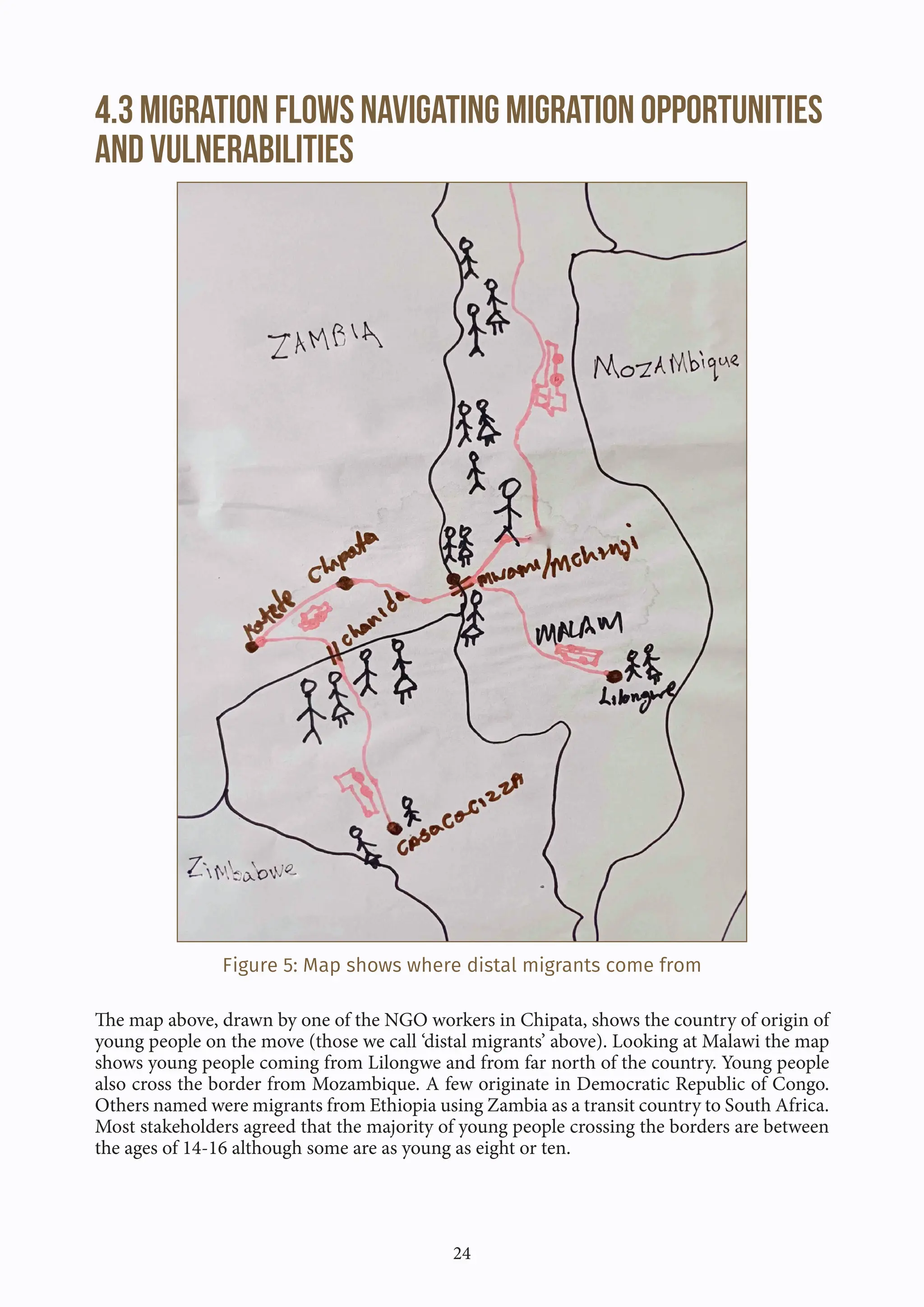 24
4.3 Migration flows navigating migration opportunities
and vulnerabilities
Figure 5: Map shows where distal migrants come from
The map above, drawn by one of the NGO workers in Chipata, shows the country of origin of
young people on the move (those we call ‘distal migrants’ above). Looking at Malawi the map
shows young people coming from Lilongwe and from far north of the country. Young people
also cross the border from Mozambique. A few originate in Democratic Republic of Congo.
Others named were migrants from Ethiopia using Zambia as a transit country to South Africa.
Most stakeholders agreed that the majority of young people crossing the borders are between
the ages of 14-16 although some are as young as eight or ten.
 