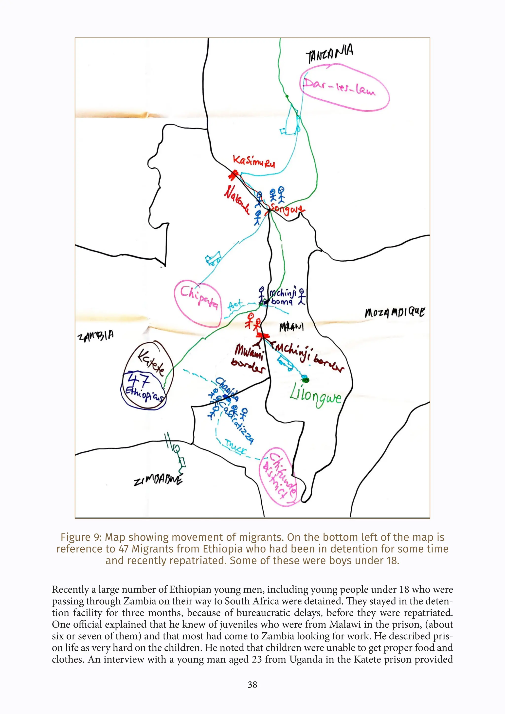 38
Figure 9: Map showing movement of migrants. On the bottom left of the map is
reference to 47 Migrants from Ethiopia who had been in detention for some time
and recently repatriated. Some of these were boys under 18.
Recently a large number of Ethiopian young men, including young people under 18 who were
passing through Zambia on their way to South Africa were detained. They stayed in the deten-
tion facility for three months, because of bureaucratic delays, before they were repatriated.
One official explained that he knew of juveniles who were from Malawi in the prison, (about
six or seven of them) and that most had come to Zambia looking for work. He described pris-
on life as very hard on the children. He noted that children were unable to get proper food and
clothes. An interview with a young man aged 23 from Uganda in the Katete prison provided
 