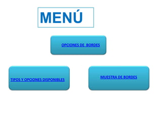 MENÚ
OPCIONES DE BORDES
TIPOS Y OPCIONES DISPONIBLES
MUESTRA DE BORDES