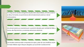 A lo largo de los bordes divergentes de placa bien desarrollados, el fondo oceánico
se eleva, formando una prominencia denominada dorsal oceánica o dorsal
centrooceánica
Una dorsal oceánica se caracteriza por su posición elevada, gran cantidad de fallas y
sismos, alto flujo térmico y numerosas estructuras volcánicas.
Las dorsales oceánicas están compuestas de capas y pilas de rocas basálticas recién
formadas falladas según bloques alargados que ascienden isostaticamente.
 