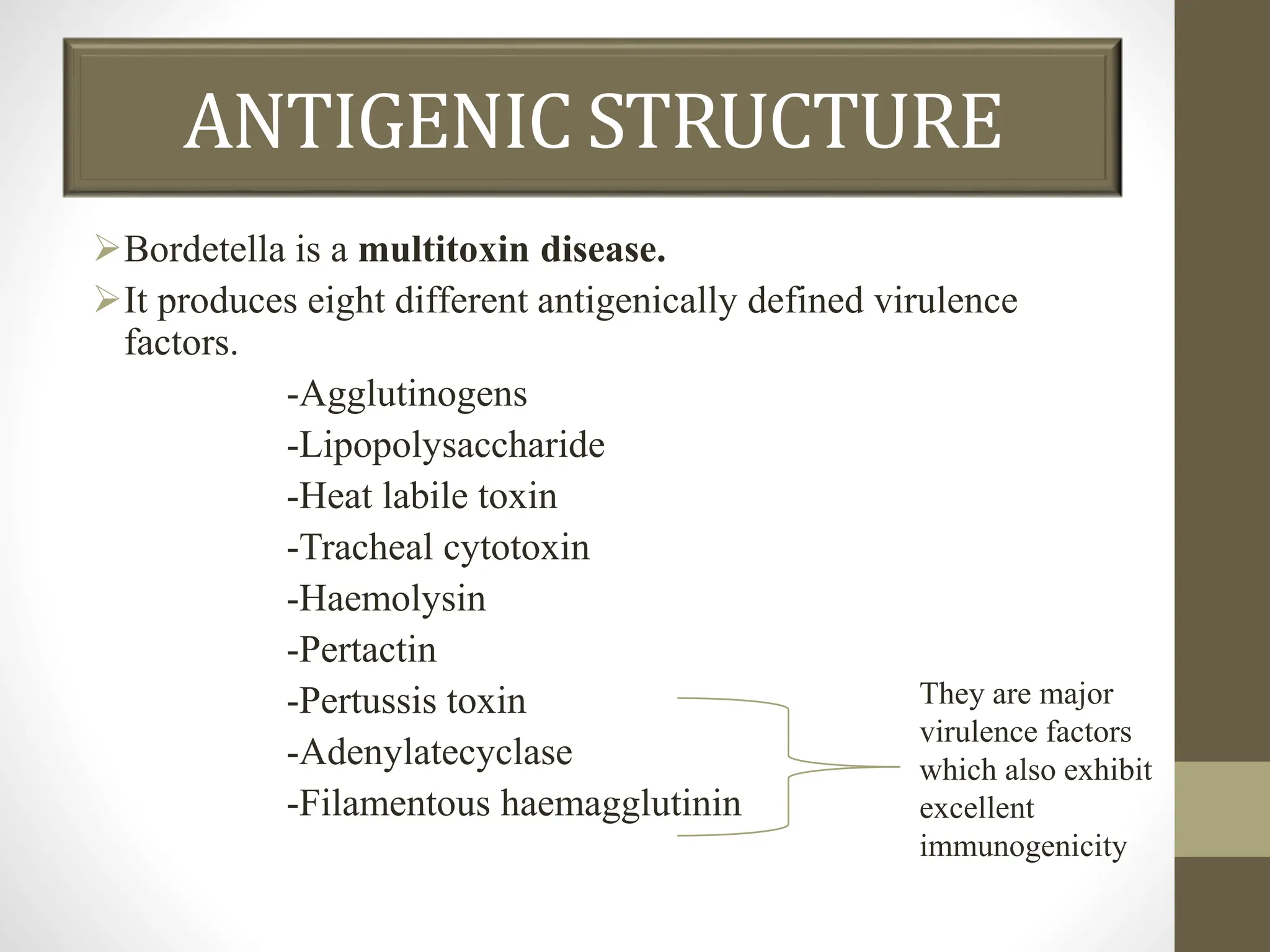 ANTIGENIC STRUCTURE
Bordetella is a multitoxin disease.
It produces eight different antigenically defined virulence
factors.
-Agglutinogens
-Lipopolysaccharide
-Heat labile toxin
-Tracheal cytotoxin
-Haemolysin
-Pertactin
-Pertussis toxin
-Adenylatecyclase
-Filamentous haemagglutinin
They are major
virulence factors
which also exhibit
excellent
immunogenicity
 