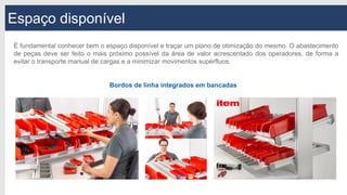 Espaço disponível
É fundamental conhecer bem o espaço disponível e traçar um plano de otimização do mesmo. O abastecimento
de peças deve ser feito o mais próximo possível da área de valor acrescentado dos operadores, de forma a
evitar o transporte manual de cargas e a minimizar movimentos supérfluos.
Bordos de linha integrados em bancadas
 