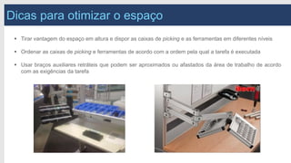 Dicas para otimizar o espaço
 Tirar vantagem do espaço em altura e dispor as caixas de picking e as ferramentas em diferentes níveis
 Ordenar as caixas de picking e ferramentas de acordo com a ordem pela qual a tarefa é executada
 Usar braços auxiliares retráteis que podem ser aproximados ou afastados da área de trabalho de acordo
com as exigências da tarefa
 
