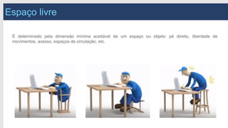 Espaço livre
É determinado pela dimensão mínima aceitável de um espaço ou objeto: pé direito, liberdade de
movimentos, acesso, espaços de circulação, etc.
 