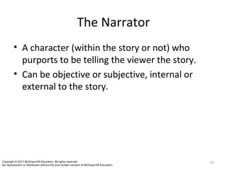 The Narrator
• A character (within the story or not) who
purports to be telling the viewer the story.
• Can be objective or subjective, internal or
external to the story.
14Copyright © 2017 McGraw-Hill Education. All rights reserved.
No reproduction or distribution without the prior written consent of McGraw-Hill Education.
 