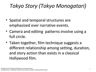 Tokyo Story (Tokyo Monogatari)
• Spatial and temporal structures are
emphasized over narrative events.
• Camera and editing patterns involve using a
full circle.
• Taken together, film technique suggests a
different relationship among setting, duration,
and story action than exists in a classical
Hollywood film.
8Copyright © 2017 McGraw-Hill Education. All rights reserved.
No reproduction or distribution without the prior written consent of McGraw-Hill Education.
 