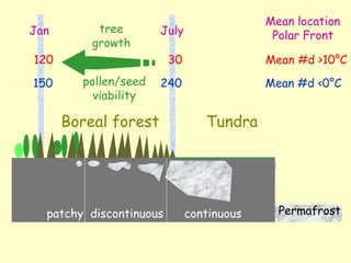 Boreal forest Tundra
Permafrostpatchy discontinuous continuous
Mean location
Polar FrontJulyJan
150 240 Mean #d <0°C
tree
growth
pollen/seed
viability
120 30 Mean #d >10°C
 