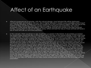 Affect of an EarthquakeAffects/consequences of disaster- with this natural disaster, most tall plant life will be destroyed, causing tall trees and shrubs to fall over, also in higher altitudes it would cause a possible crack in ice if any, causing flooding, or there could be an avalanche in the mountainous regions. With the loss of the habitat of trees and shrubs, and the possible damage of flooding and avalanche, the normal ecosystem of life will be affected greatly. Birds and other animals with homes in the trees have lost homes, causing them to die out or migrate away. Other animals that rely on those animals will have a loss of food and die out and lose population.  In this scenario, there would be no sign of primary succession in this biome. In secondary succession, the boreal forest would look like a normal forest up to the day of the natural disaster. In this case it was an earthquake. The forest would be a densely populated forest covered in evergreen trees, with pine needles and pine cones covered the floor of the forest. Then when the earthquake hits, it would cause plant life to be uprooted, animals to be killed and scared off, and predators have a loss of food. The disaster would cause a massive disruption in the ecosystem until secondary succession took over to rebuild the root system of the biome. In rebuilding the structure, first the decomposing bacteria would go in and decompose any animals or dead plant life that litters the forest floor. Decomposing the material would cause nutrients given off from the bacteria, giving lost nutrients to the soil to help re-grow of other plants. Soon after, scavengers will go in and pick the extras out of the debris and help carry seeds and other pollen to also help recreate growth in the area. With scavengers like squirrels, the will find acorns scattered on the floor and they will bury them in what they think as a good spot. Soon, that acorn will grow into a new tree to take the old ones spot. Also, some animals that come across a pine cone will have its seeds stuck to them, which the animal will leave and spread the seeds across the deserted forest, causing another hope for new plant life. With the large trees out of the way, most of the undergrowth will have a time to thrive. With new sunlight, the grasses and shrubs will thrive out and help with fertile soil, and help create rooted areas for animals to live and regroup their population. 